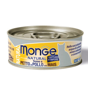 MONGE NATURAL UMIDO CAT ADULT PEZZETTI DI TONNO E PETTO DI POLLO CON MAIS GR. 80
